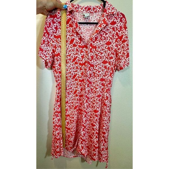 Jaquelin De Yong Red White Lightweight Front Button Up Waisted Tie Floral Dress - Picture 5 of 8